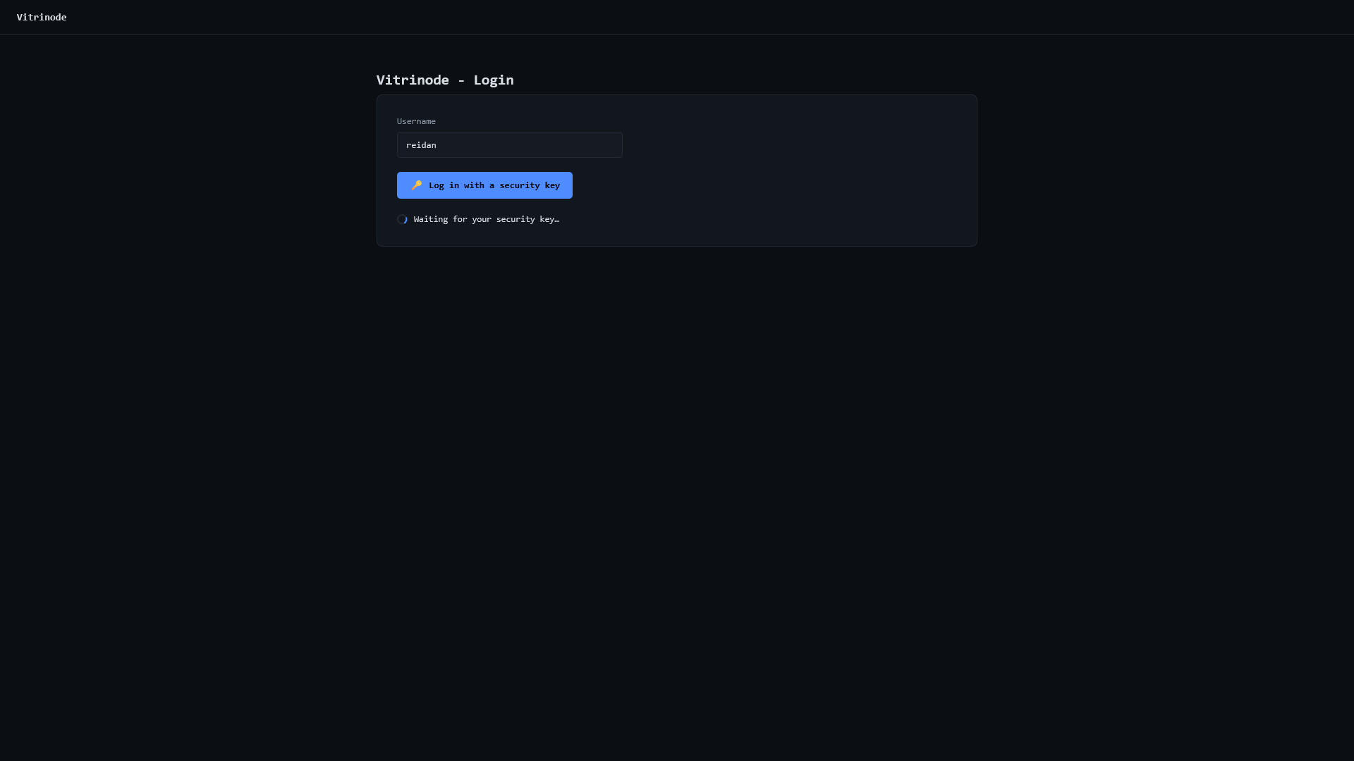 Vitrinode sign-in page offering passwordless authentication with a registered passkey.